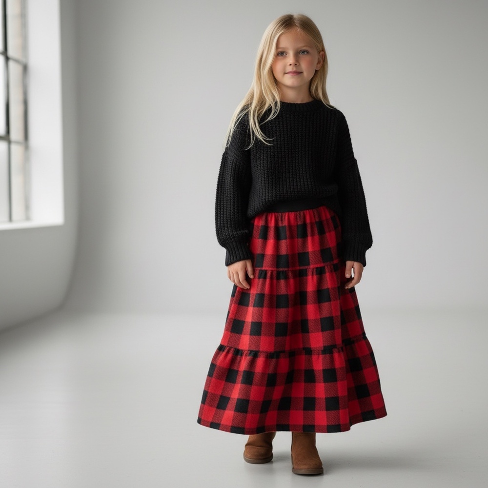 Skirt Flannel Girls M 8 100% Cotton‎ Checks Maxi Ruffle Tier Mom and Pop's Kids